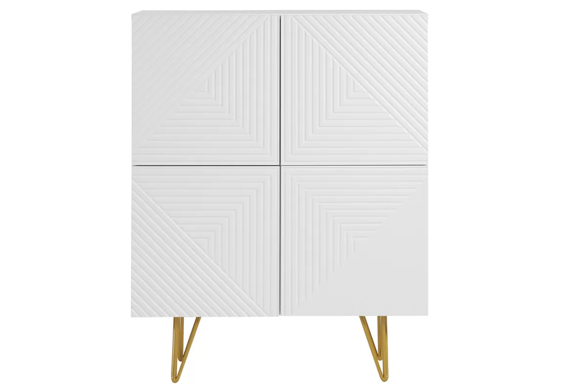 Miliboo Aparadores | Mueble Recibidor-Aparador alto de diseño con 4 puertas y grabados de metal blanco mate y dorado 86 cm OZEN