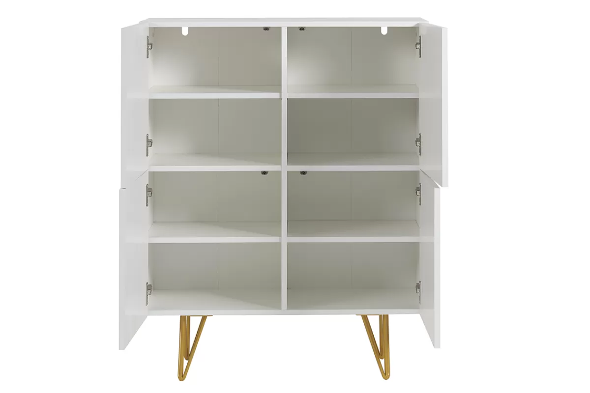 Miliboo Aparadores | Mueble Recibidor-Aparador alto de diseño con 4 puertas y grabados de metal blanco mate y dorado 86 cm OZEN