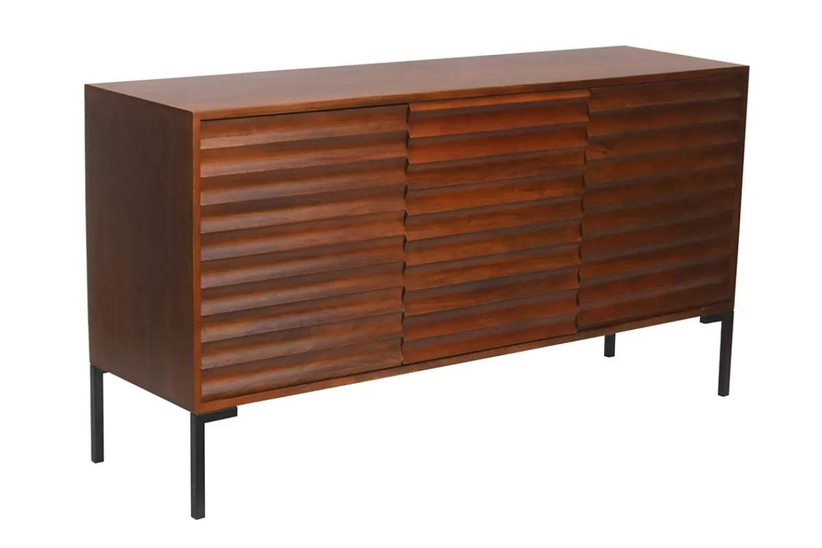Miliboo Aparadores-Aparador de 3 puertas de madera oscura maciza de mango y metal negro 140 cm ONDA