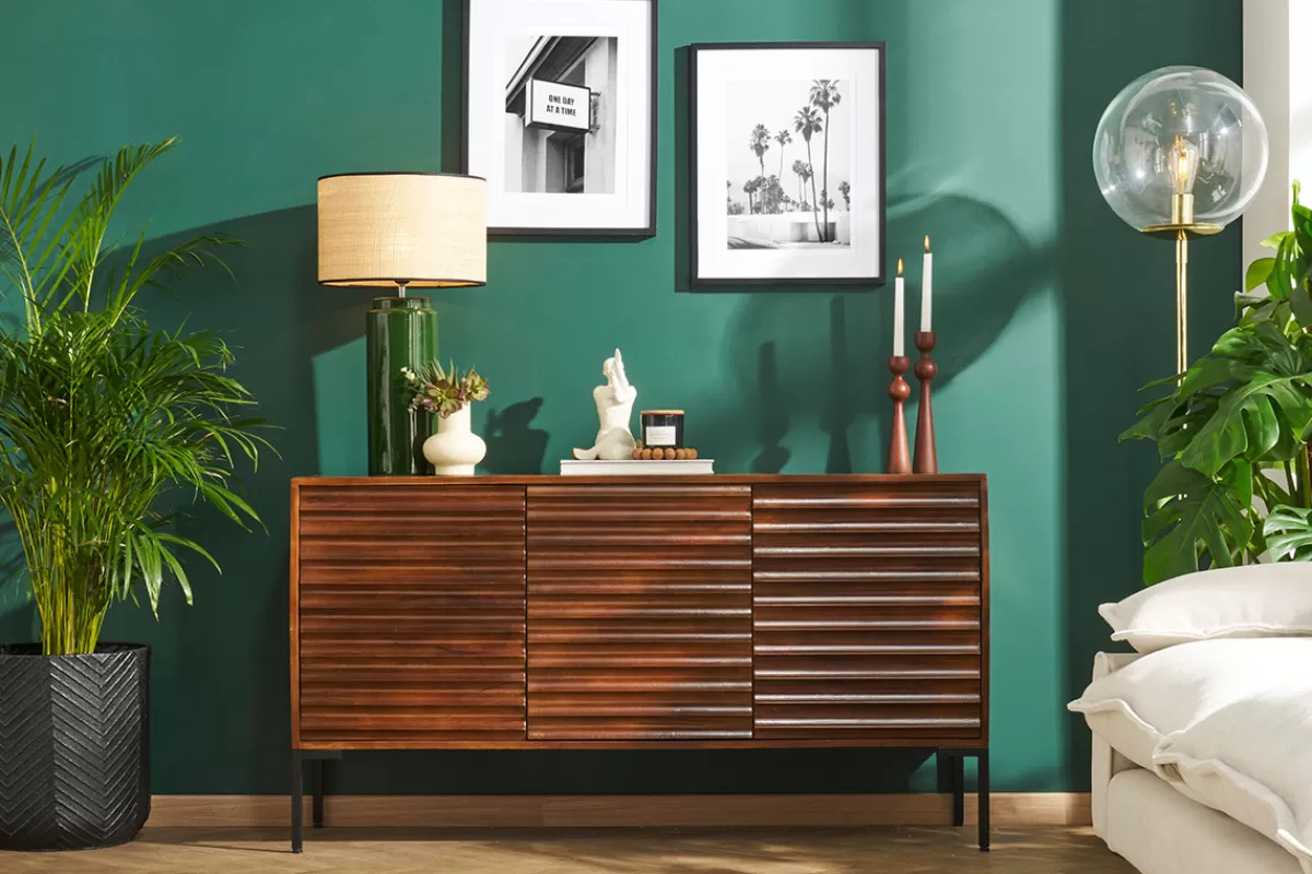 Miliboo Aparadores-Aparador de 3 puertas de madera oscura maciza de mango y metal negro 140 cm ONDA