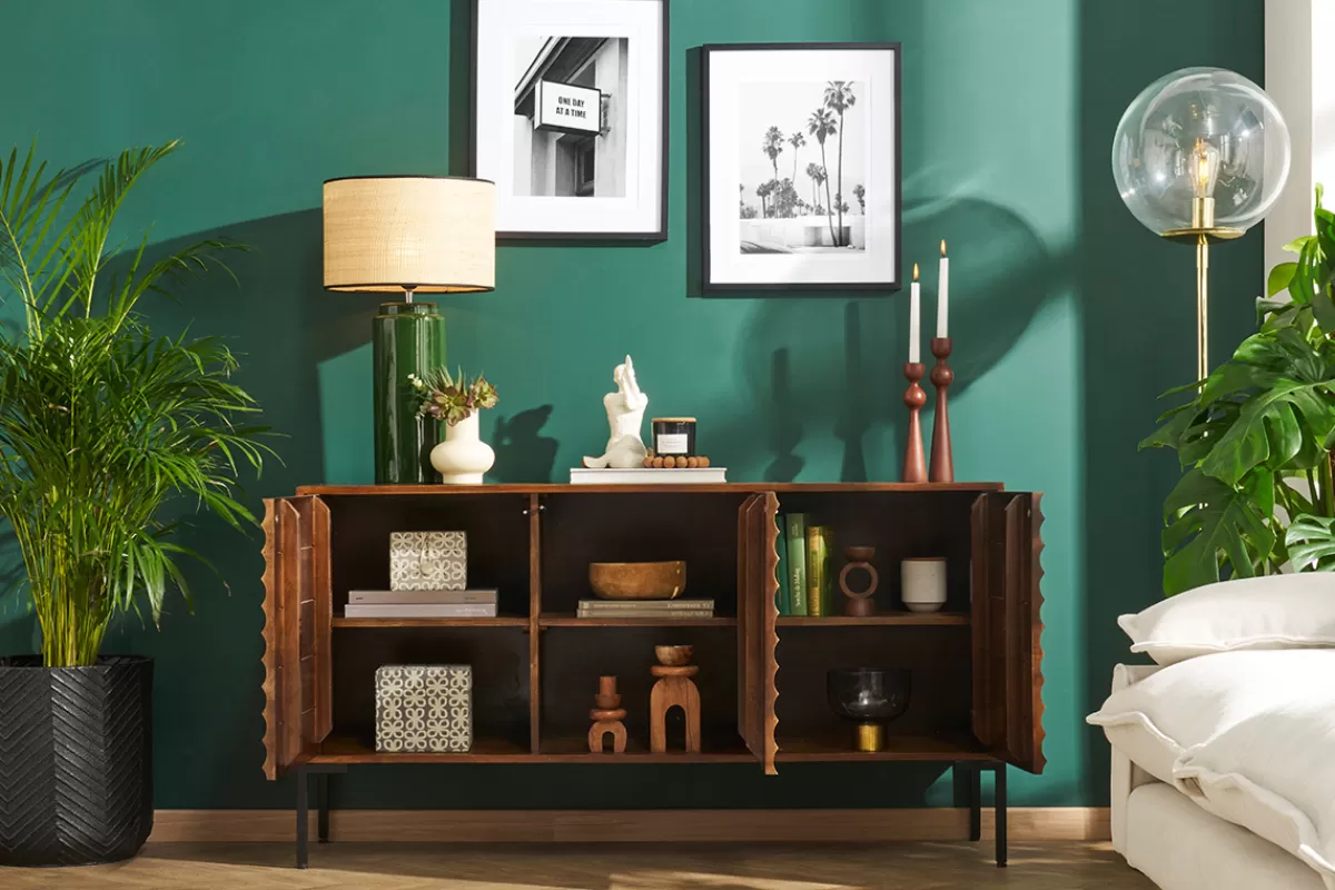 Miliboo Aparadores-Aparador de 3 puertas de madera oscura maciza de mango y metal negro 140 cm ONDA