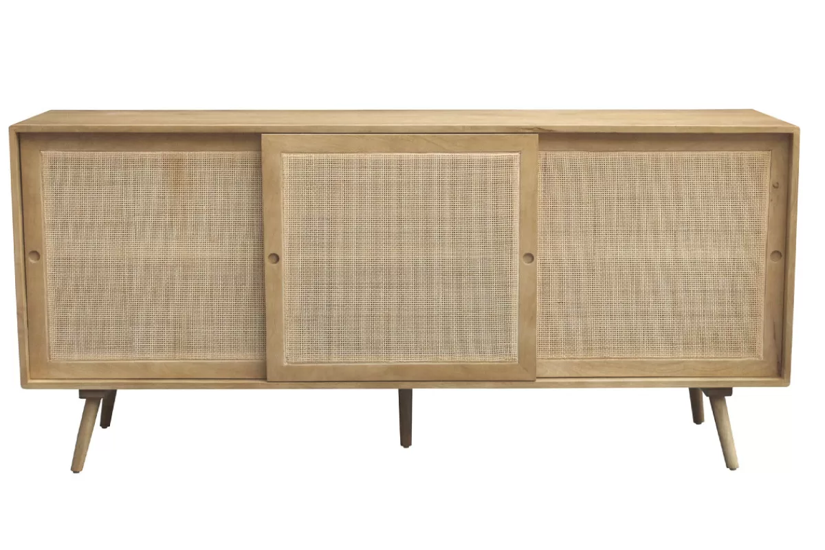 Miliboo Aparadores-Aparador de madera maciza de mango y caña de ratán con 3 puertas correderas 180 cm ACANGE
