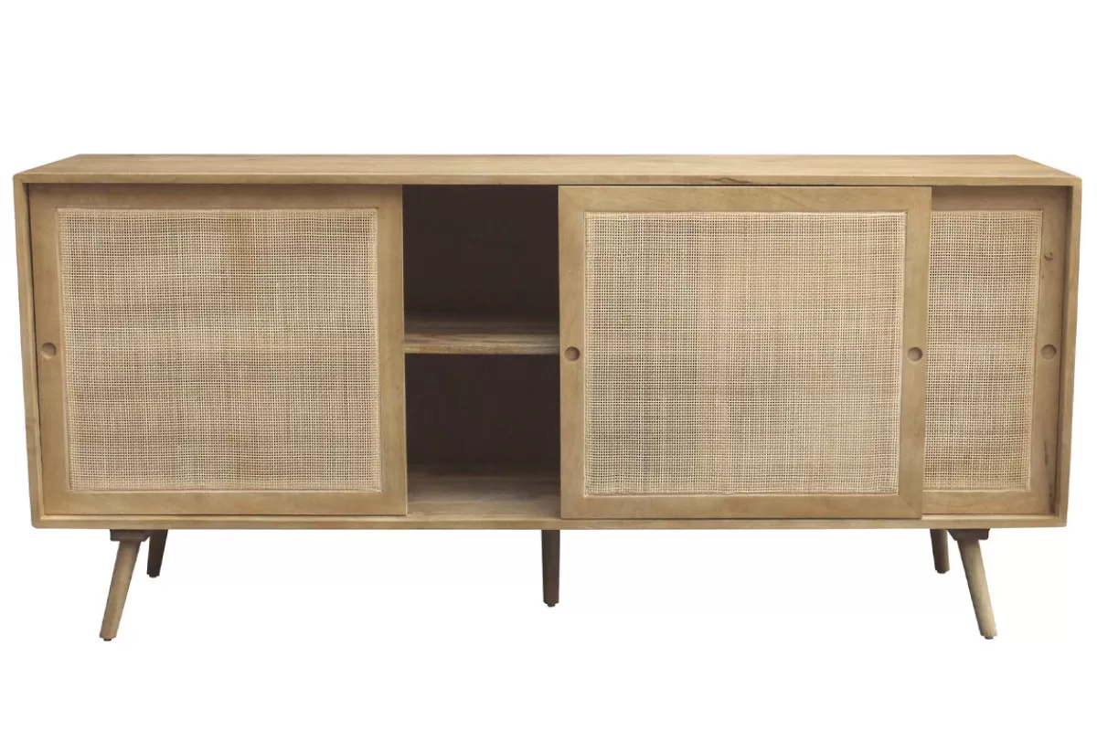 Miliboo Aparadores-Aparador de madera maciza de mango y caña de ratán con 3 puertas correderas 180 cm ACANGE