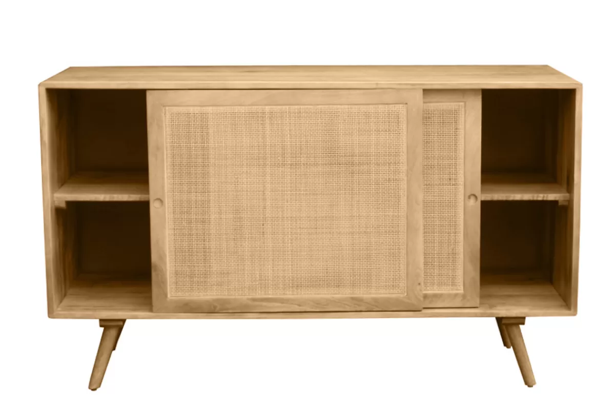 Miliboo Aparadores-Aparador de madera maciza de mango y ratán con 2 puertas correderas 135 cm ACANGE
