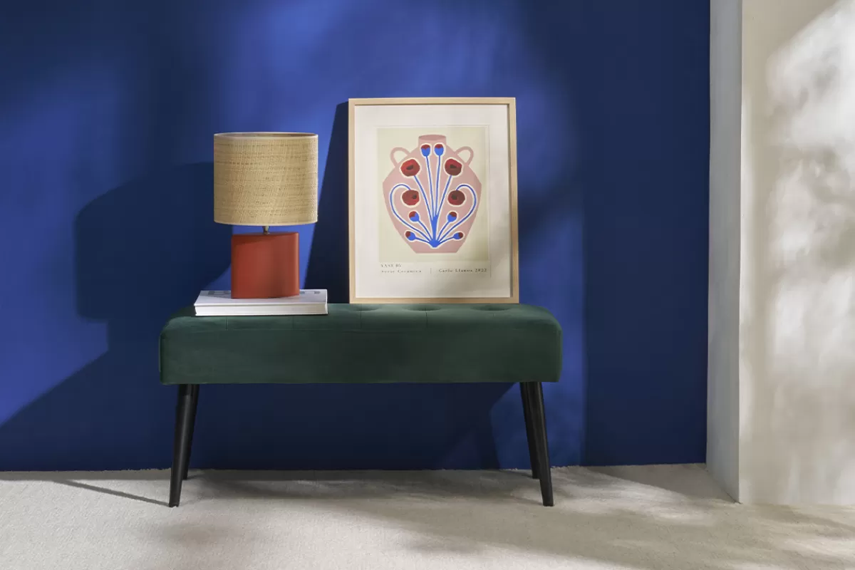 Miliboo Bancos | Mueble Recibidor-Banco de diseño capitoné de terciopelo verde oscuro y metal negro 95 cm GUESTA