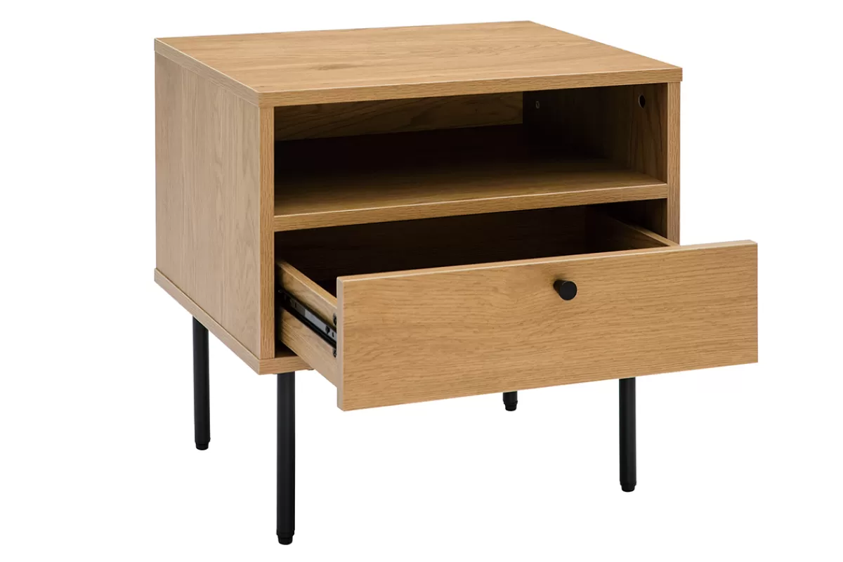 Miliboo Mesillas De Noche-Mesilla de noche con espacio de almacenaje, acabado roble claro y patas de metal negro 50 cm PERNELLE