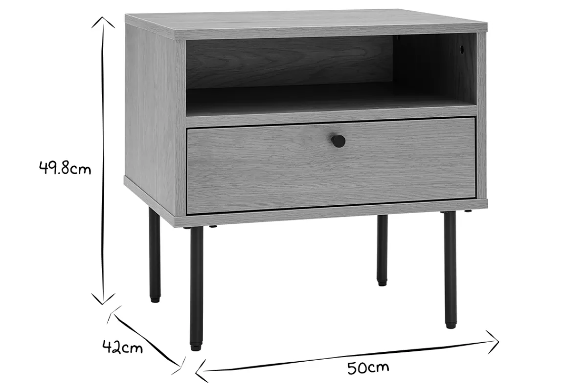 Miliboo Mesillas De Noche-Mesilla de noche con espacio de almacenaje, acabado roble claro y patas de metal negro 50 cm PERNELLE