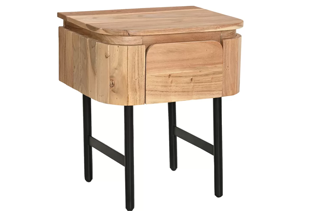 Miliboo Mesillas De Noche-Mesilla de noche de madera maciza y metal negro con cajón 45 cm NAPOLI