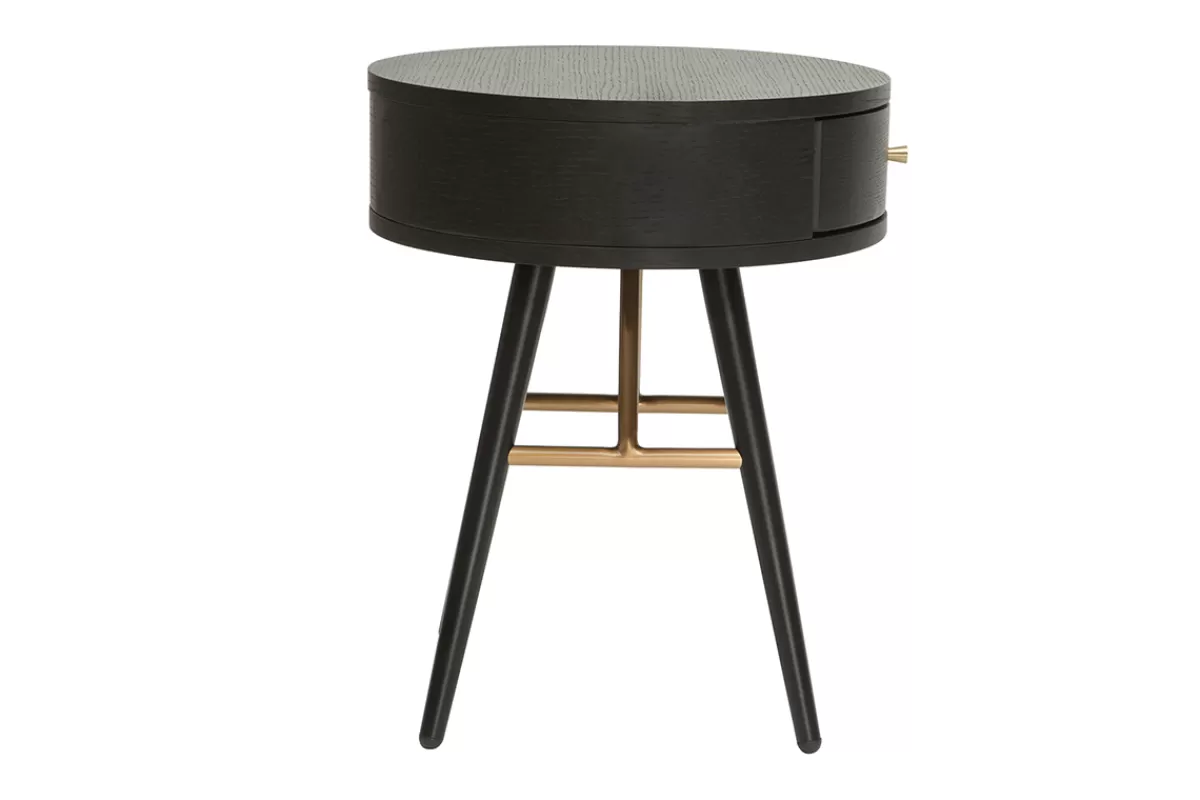 Miliboo Mesillas De Noche-Mesilla de noche vintage redonda de madera y metal negro con detalles dorados KORAL