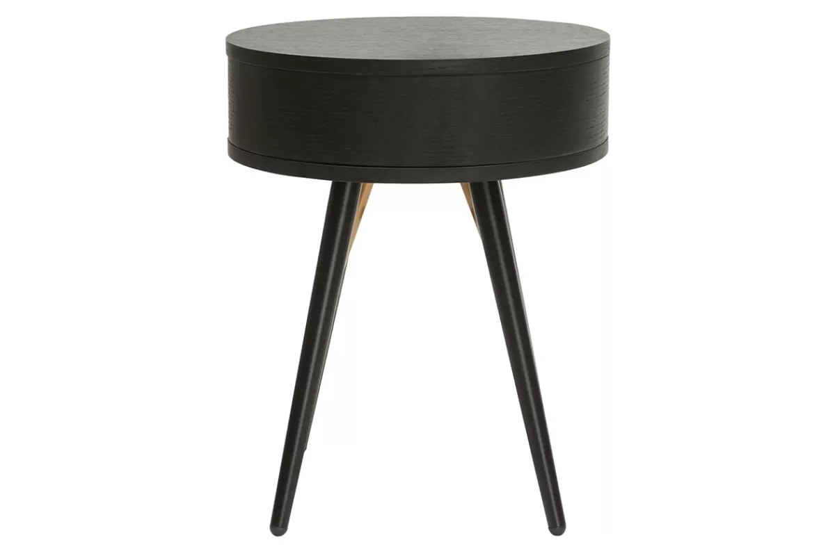 Miliboo Mesillas De Noche-Mesilla de noche vintage redonda de madera y metal negro con detalles dorados KORAL