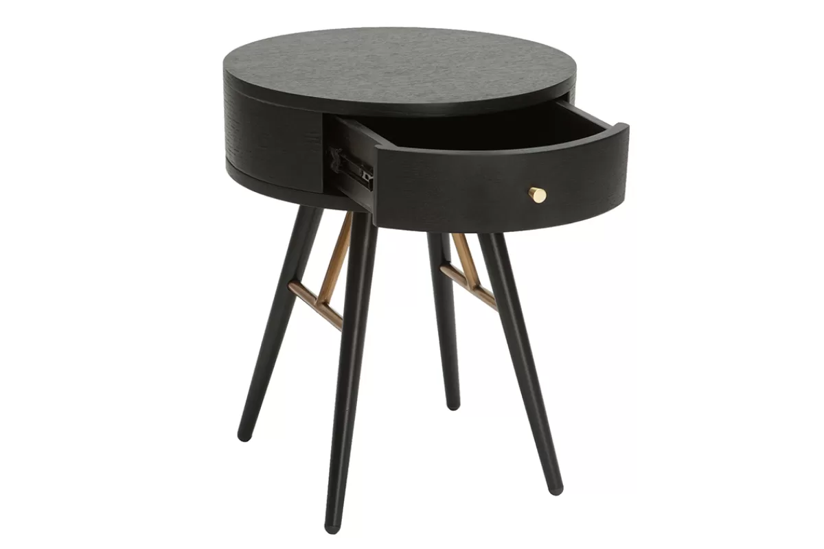 Miliboo Mesillas De Noche-Mesilla de noche vintage redonda de madera y metal negro con detalles dorados KORAL
