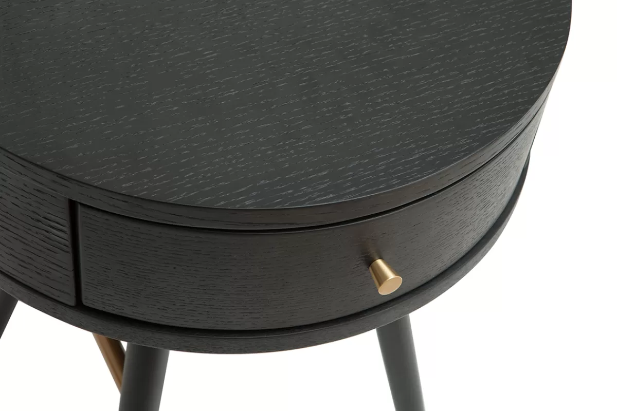 Miliboo Mesillas De Noche-Mesilla de noche vintage redonda de madera y metal negro con detalles dorados KORAL