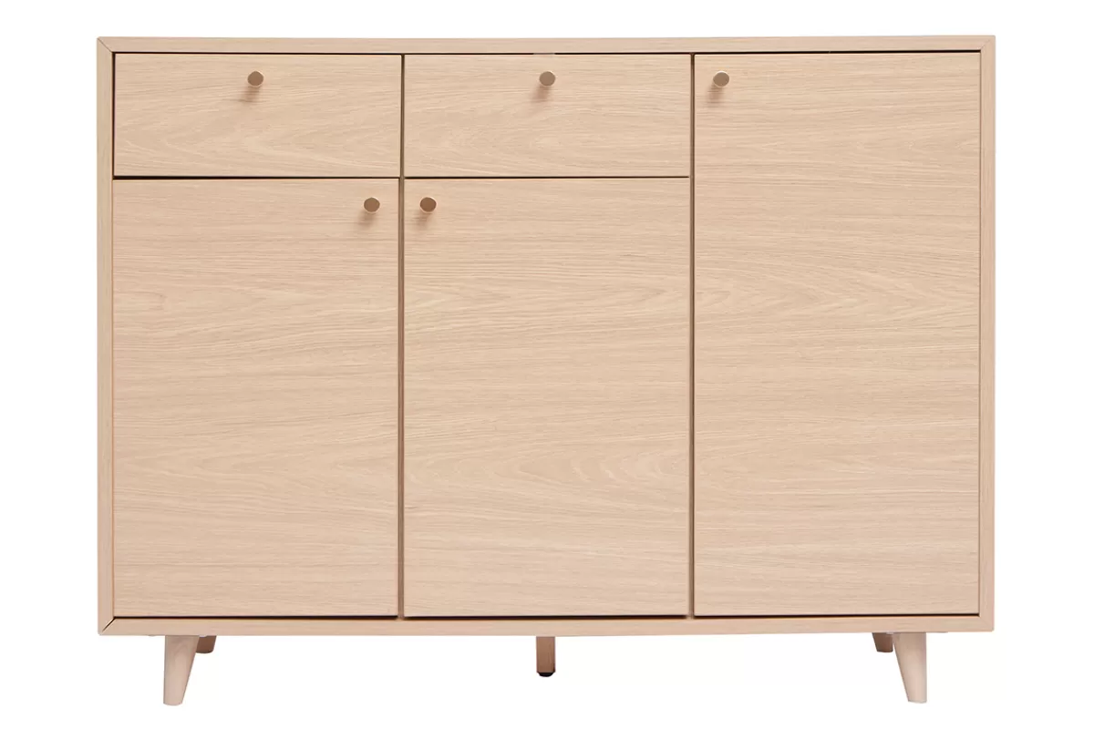 Miliboo Zapatero-Mueble de almacenaje de entrada con acabado de roble claro y metal dorado 110 cm SILVESTRE