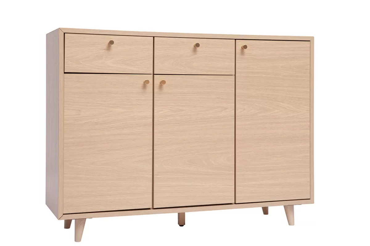 Miliboo Zapatero-Mueble de almacenaje de entrada con acabado de roble claro y metal dorado 110 cm SILVESTRE