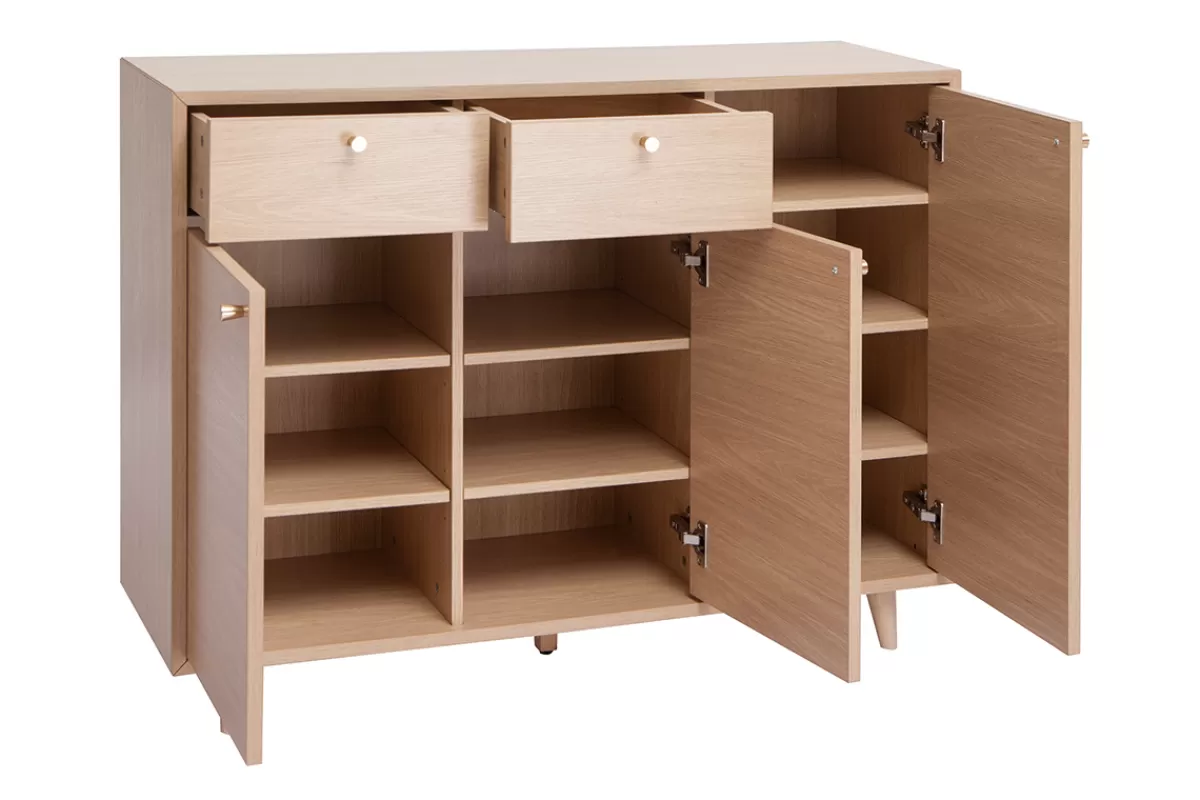 Miliboo Zapatero-Mueble de almacenaje de entrada con acabado de roble claro y metal dorado 110 cm SILVESTRE