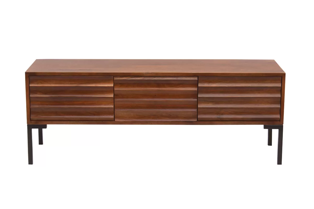 Miliboo Mueble Tv De Diseño-Mueble TV de 3 puertas de madera oscura maciza de mango y metal negro 120 cm ONDA