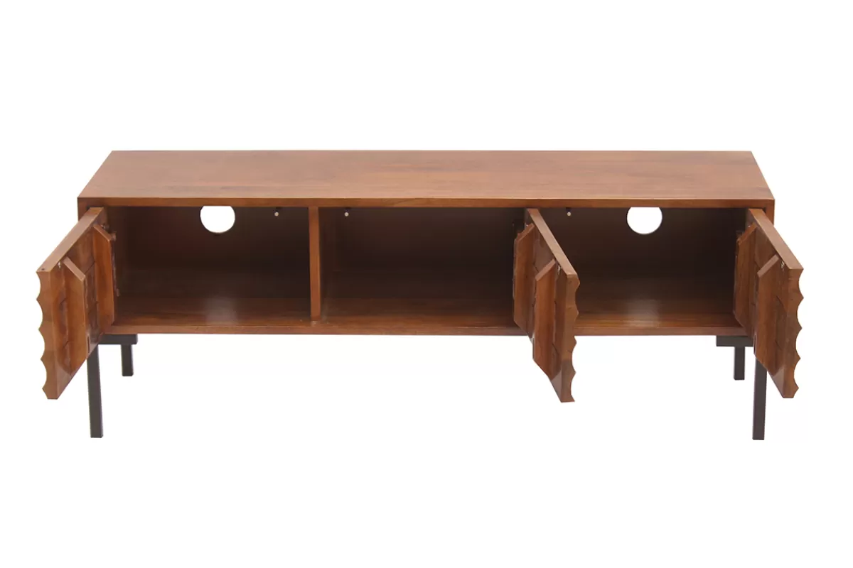 Miliboo Mueble Tv De Diseño-Mueble TV de 3 puertas de madera oscura maciza de mango y metal negro 120 cm ONDA