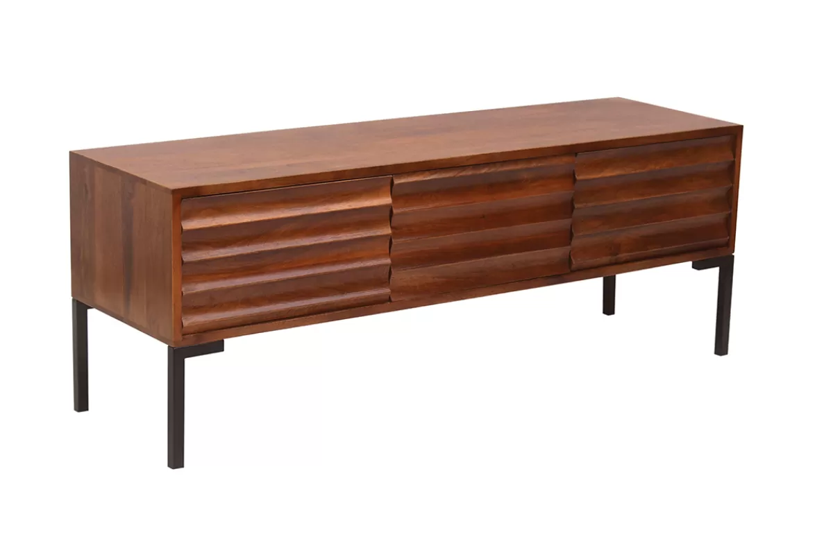Miliboo Mueble Tv De Diseño-Mueble TV de 3 puertas de madera oscura maciza de mango y metal negro 120 cm ONDA