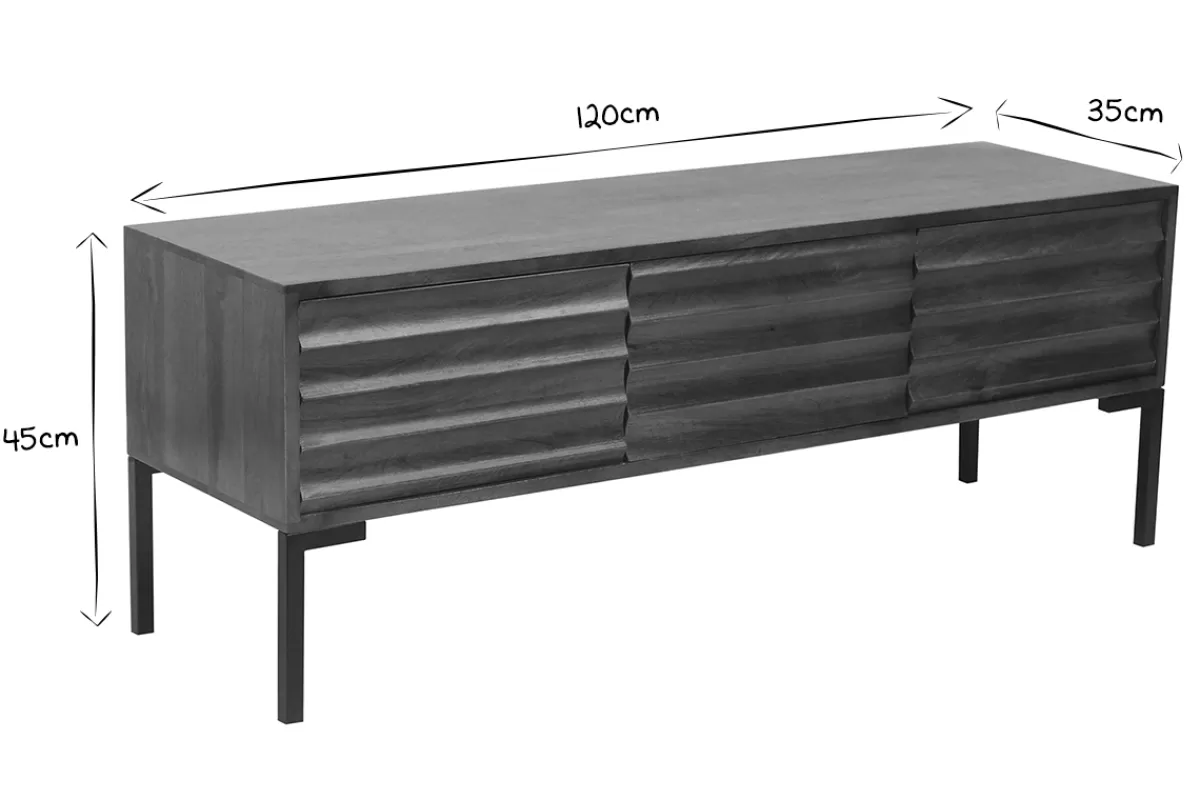 Miliboo Mueble Tv De Diseño-Mueble TV de 3 puertas de madera oscura maciza de mango y metal negro 120 cm ONDA