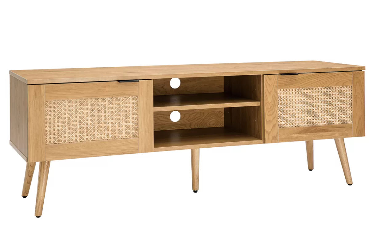 Miliboo Mueble Tv De Diseño-Mueble TV de madera clara, mimbre y metal negro con 2 puertas 140 cm MANILLE