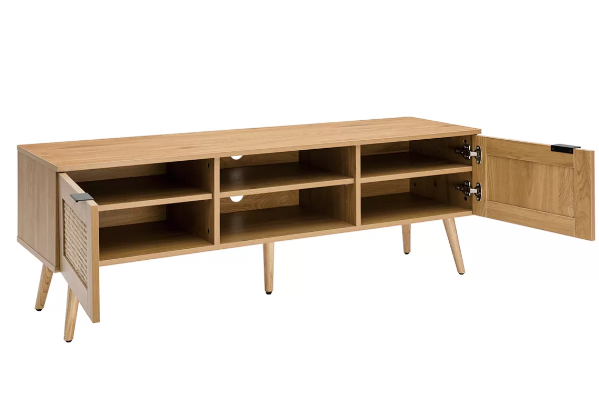 Miliboo Mueble Tv De Diseño-Mueble TV de madera clara, mimbre y metal negro con 2 puertas 140 cm MANILLE