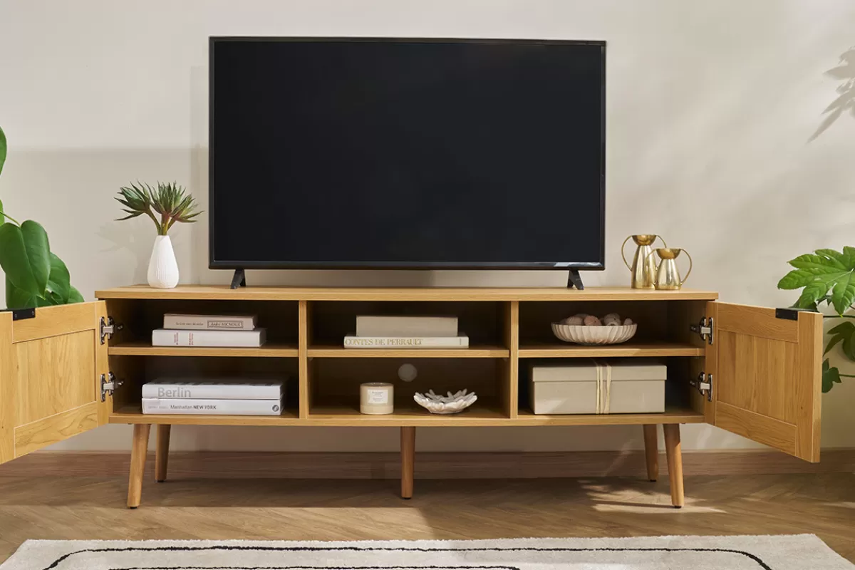 Miliboo Mueble Tv De Diseño-Mueble TV de madera clara, mimbre y metal negro con 2 puertas 140 cm MANILLE