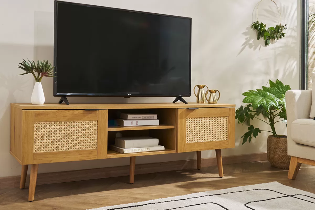 Miliboo Mueble Tv De Diseño-Mueble TV de madera clara, mimbre y metal negro con 2 puertas 140 cm MANILLE