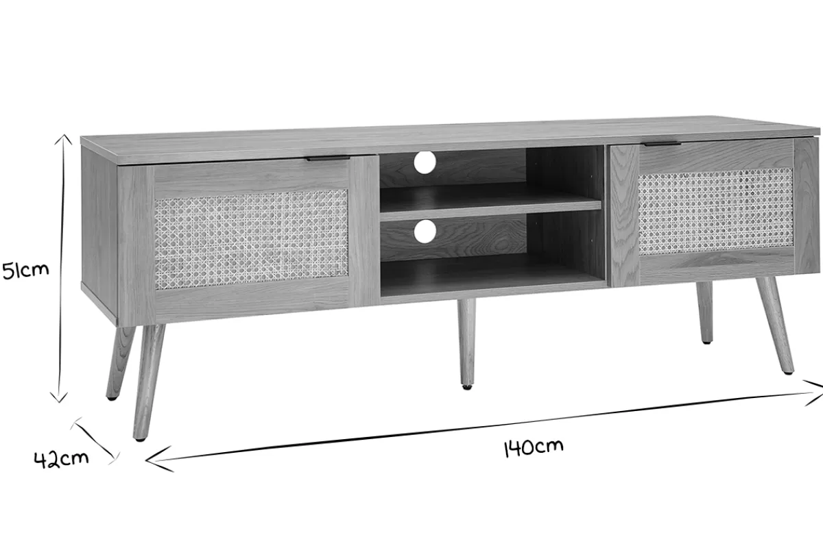 Miliboo Mueble Tv De Diseño-Mueble TV de madera clara, mimbre y metal negro con 2 puertas 140 cm MANILLE