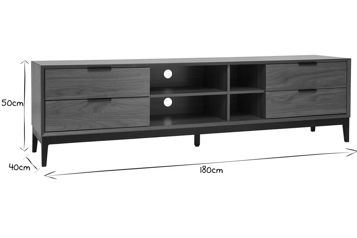 Miliboo Mueble Tv De Diseño-Mueble TV vintage con acabado de madera de nogal oscuro y metal negro con almacenaje 180 cm SARTO