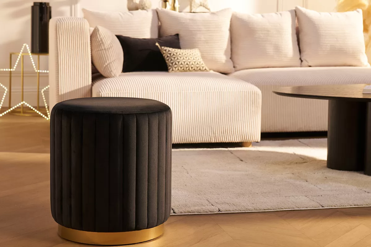 Miliboo Puffs / Reposapiés | Puffs / Reposapiés-Puf redondo de terciopelo negro y metal dorado D40 cm DONA