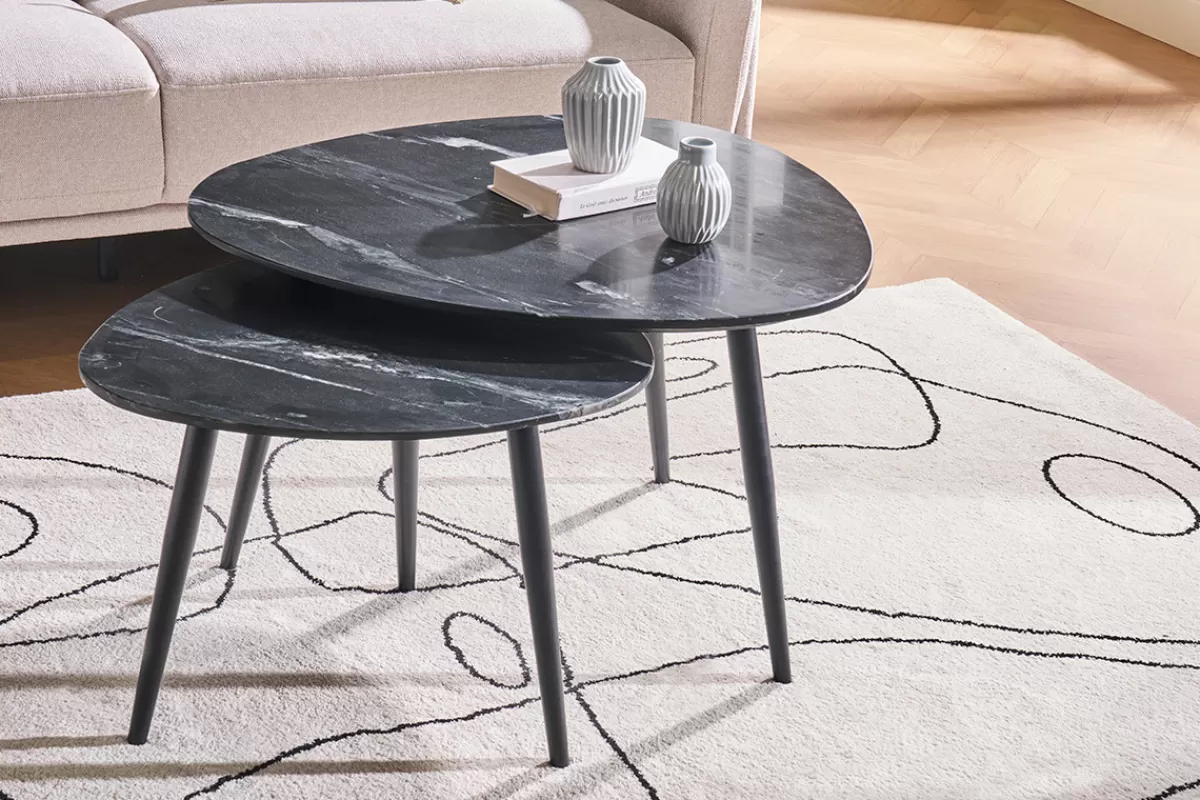 Miliboo Mesas De Salón-Set de 2 mesas de centro ovaladas de mármol negro y metal PLATZ