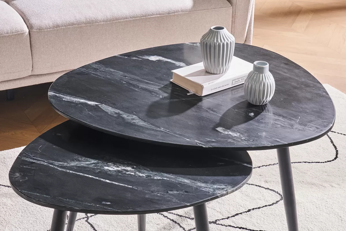 Miliboo Mesas De Salón-Set de 2 mesas de centro ovaladas de mármol negro y metal PLATZ