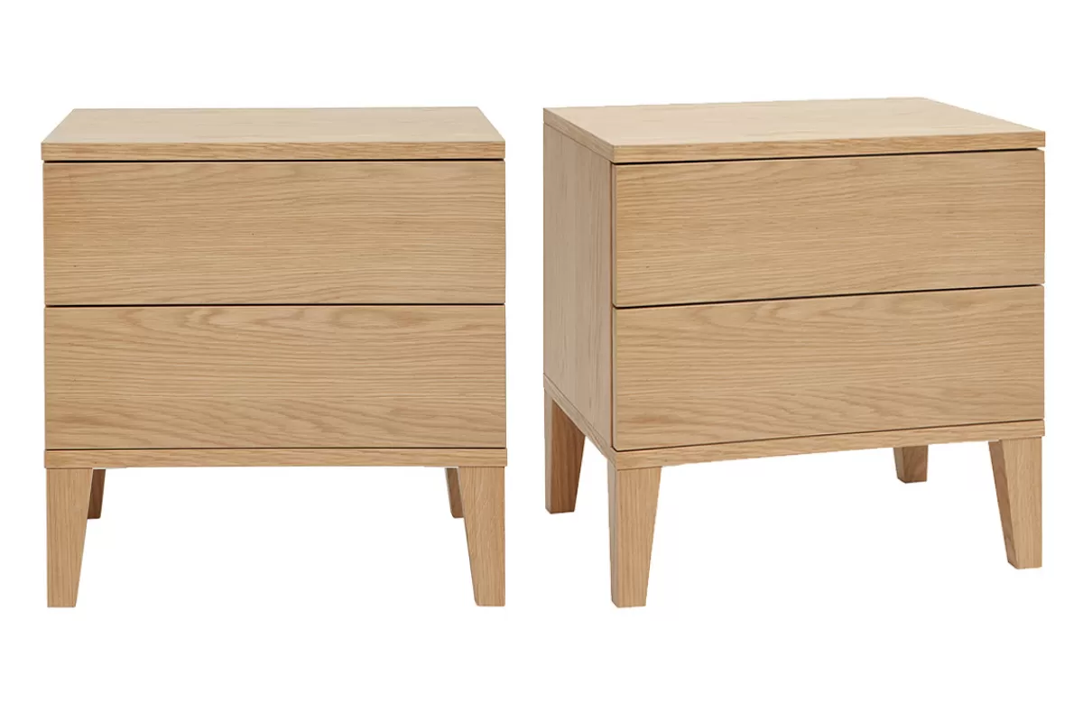 Miliboo Mesillas De Noche-Set de 2 mesillas de noche nórdicas con almacenaje y 2 cajones de madera de roble claro 50 cm FREDDY