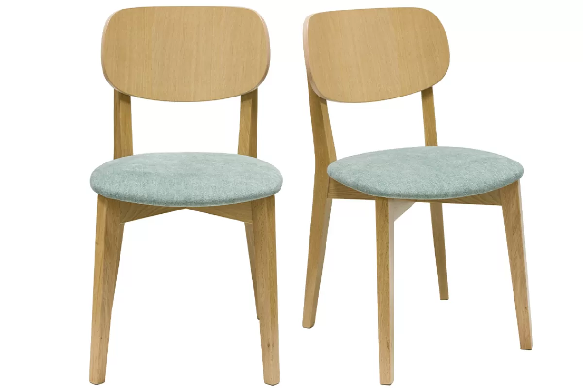 Miliboo Sillas Modernas-Set de 2 sillas vintage de madera de roble claro y tela efecto aterciopelado verde celadón LUCIA
