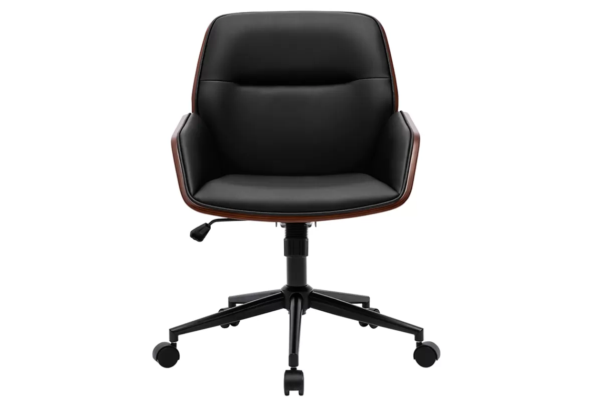 Miliboo Silla De Oficina-Silla de oficina de diseño negra con ruedas, madera oscura y metal negro MARLOW