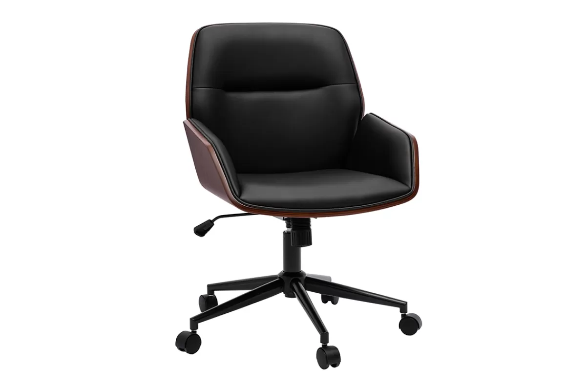 Miliboo Silla De Oficina-Silla de oficina de diseño negra con ruedas, madera oscura y metal negro MARLOW
