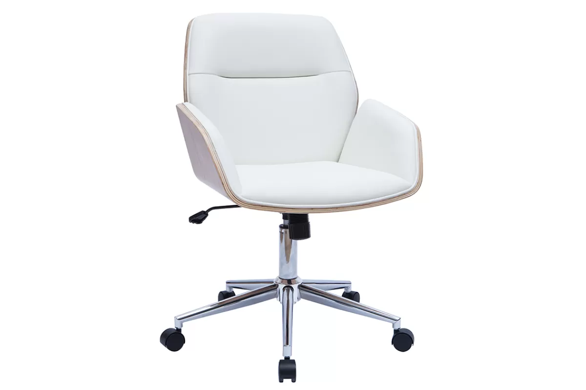 Miliboo Silla De Oficina-Silla de oficina giratoria blanca con madera clara MARLOW