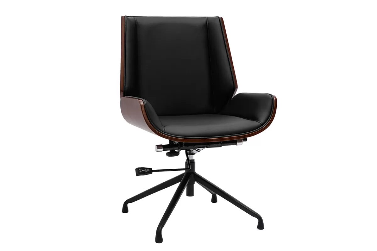 Miliboo Silla De Oficina-Silla de oficina giratoria de diseño 360° negra, madera oscura nogal y metal negro CURVED
