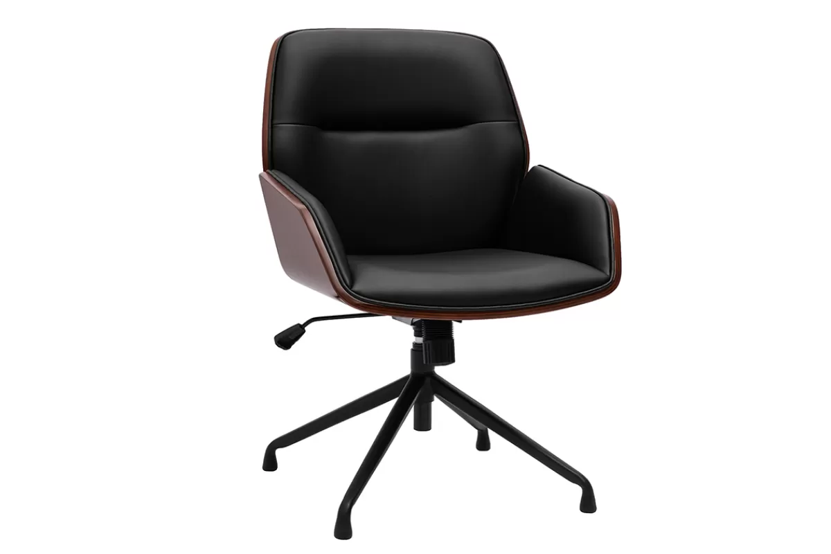 Miliboo Silla De Oficina-Silla de oficina giratoria de diseño 360° negro, madera oscura y metal negro MARLOW
