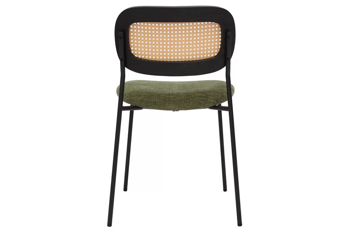 Miliboo Sillas Modernas-Sillas de diseño de terciopelo texturizado verde caqui, metal negro y rejilla de ratán (juego de 2) MIRANDA