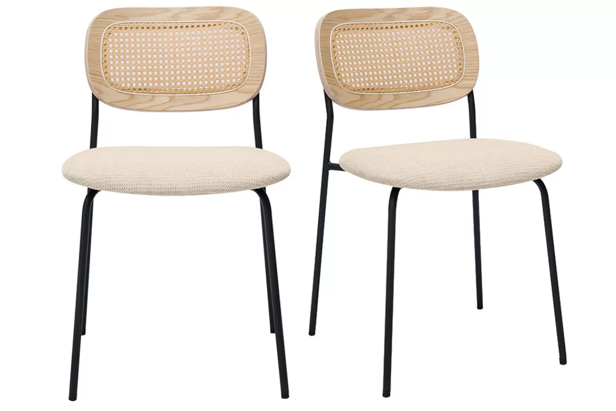 Miliboo Sillas Modernas-Sillas de diseño en tela con efecto terciopelo texturizado beige, metal negro y mimbre (juego de 2) MIRANDA