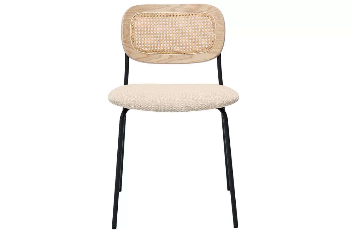 Miliboo Sillas Modernas-Sillas de diseño en tela con efecto terciopelo texturizado beige, metal negro y mimbre (juego de 2) MIRANDA