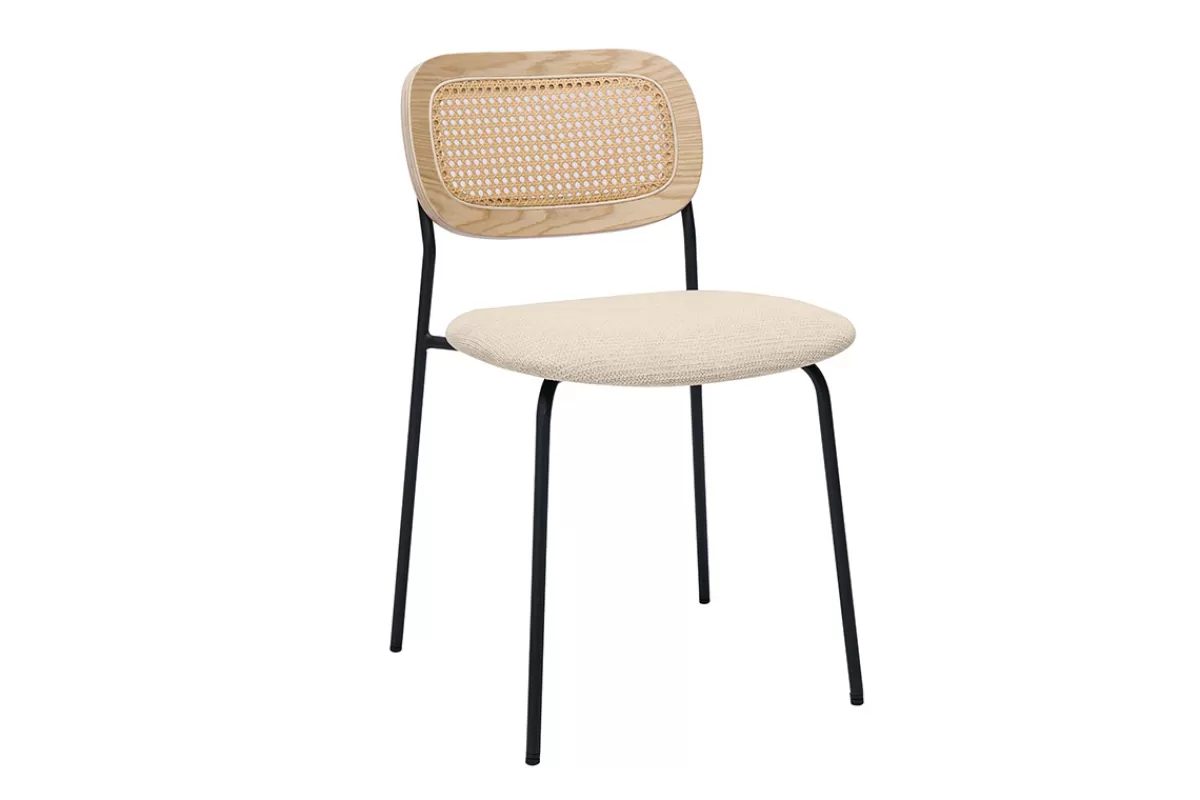 Miliboo Sillas Modernas-Sillas de diseño en tela con efecto terciopelo texturizado beige, metal negro y mimbre (juego de 2) MIRANDA