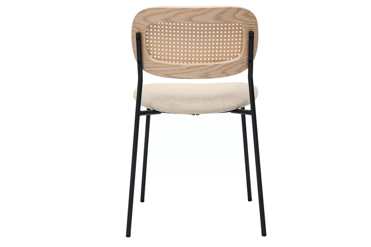 Miliboo Sillas Modernas-Sillas de diseño en tela con efecto terciopelo texturizado beige, metal negro y mimbre (juego de 2) MIRANDA