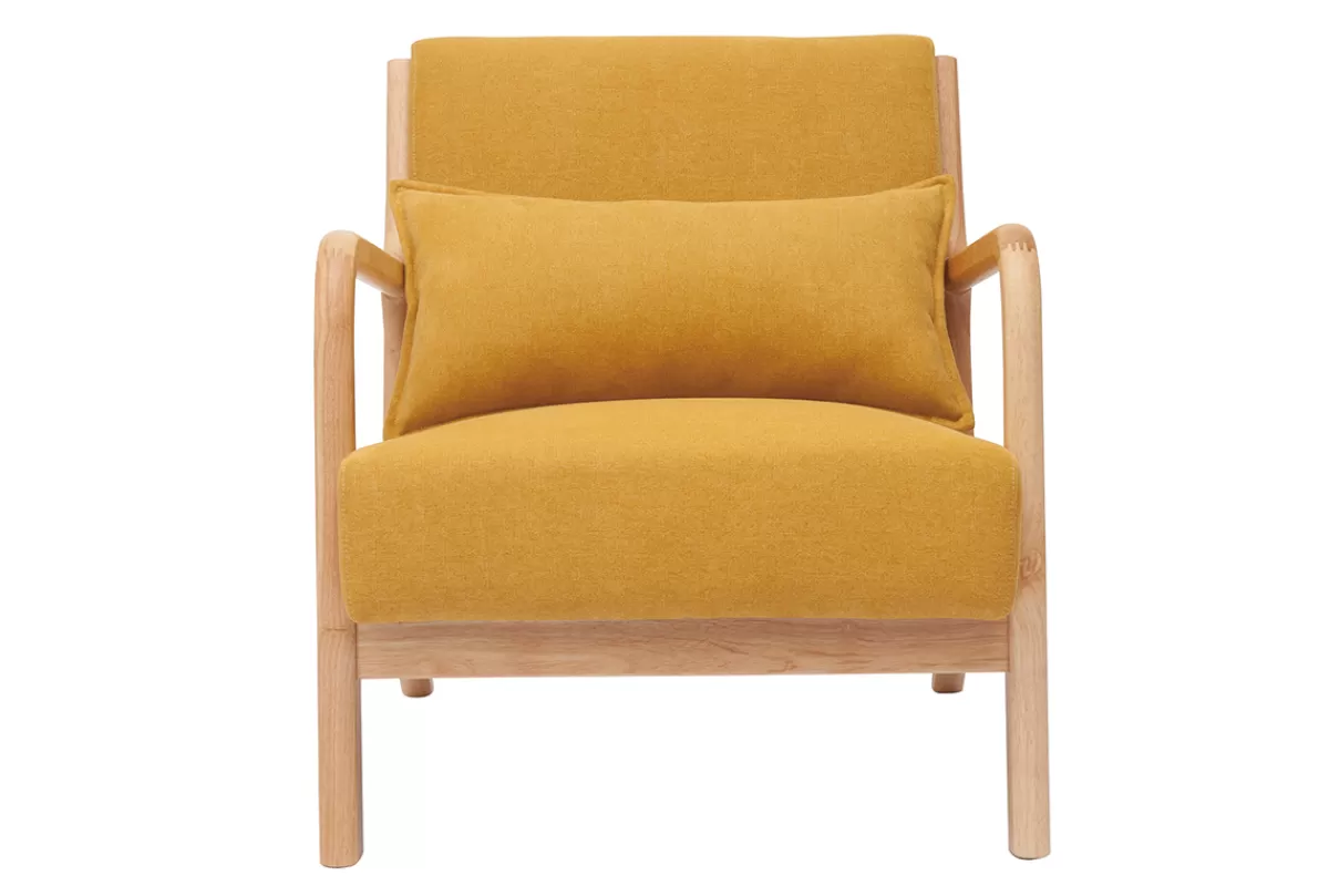 Miliboo Sillones | Sillón-Sillón nórdico de tejido efecto aterciopelado amarillo mostaza y madera clara maciza DERRY