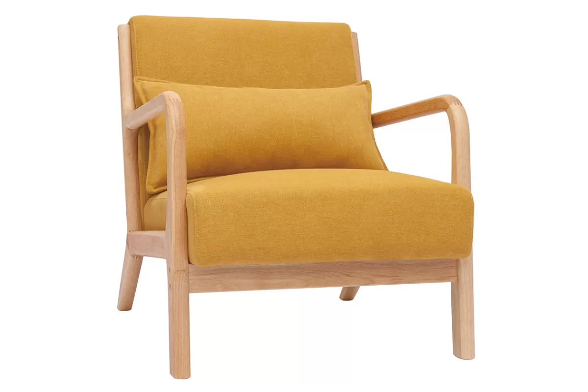 Miliboo Sillones | Sillón-Sillón nórdico de tejido efecto aterciopelado amarillo mostaza y madera clara maciza DERRY