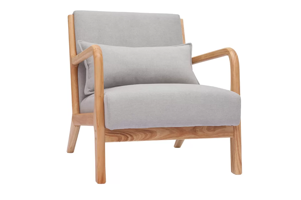 Miliboo Sillones | Sillón-Sillón nórdico de tejido efecto aterciopelado gris claro y madera clara maciza DERRY