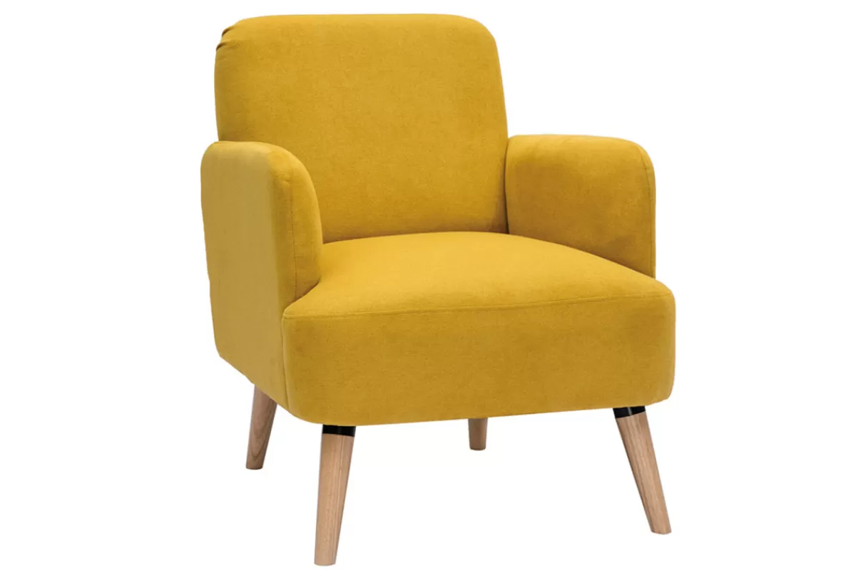 Miliboo Sillones | Sillón-Sillón nórdico de tejido efecto aterciopelado texturizado amarillo mostaza y madera ISKO