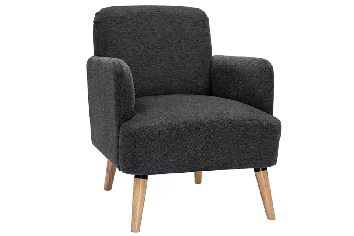 Miliboo Sillones | Sillón-Sillón nórdico de tela efecto aterciopelado texturizado gris oscuro y madera clara ISKO