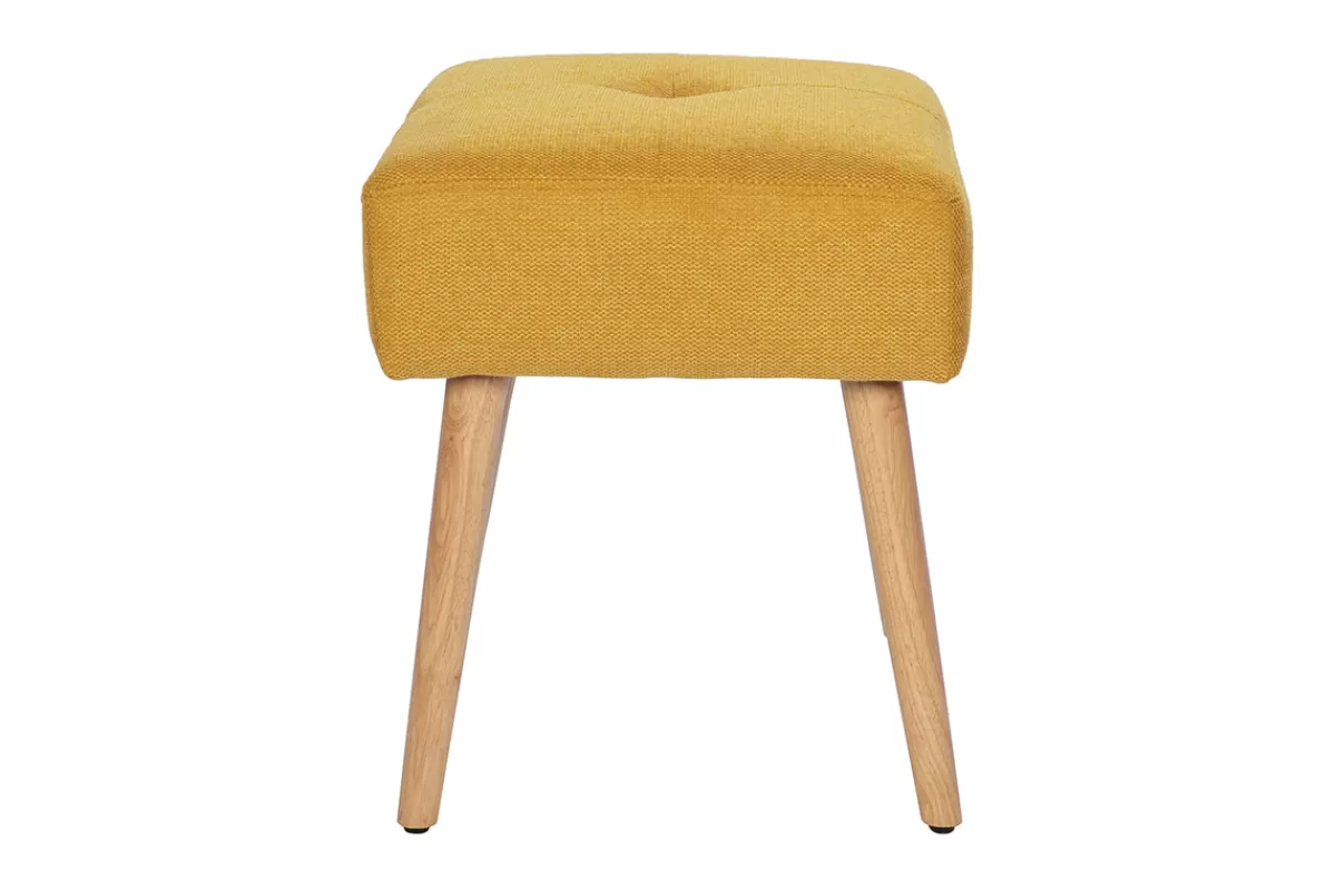Miliboo Sillas Modernas-Taburete bajo de tela efecto aterciopelado texturizado amarillo mostaza y madera clara maciza 46 cm GUESTA
